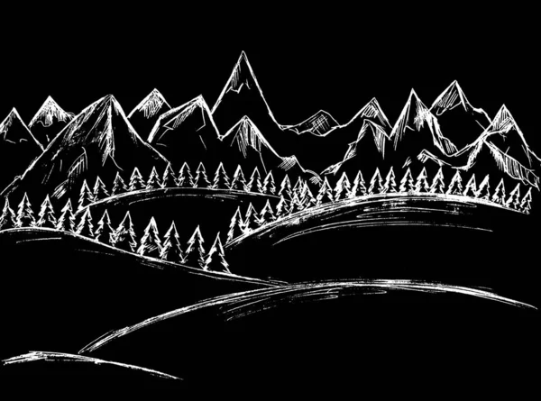 Een Zwarte Achtergrond Een Landschap Met Bergen Kerstbomen Wit Getekend — Stockfoto