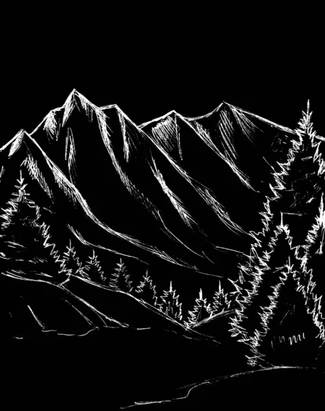 Landschaft Mit Bergen Und Weihnachtsbäumen Weiß Auf Schwarzem Hintergrund Gemalt — Stockfoto