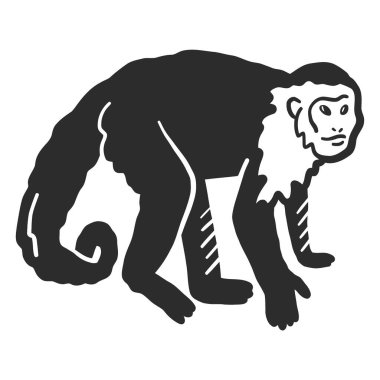 Siyah beyaz ve kalın çizgilerle çizilmiş kıvrık kuyruklu bir maymunun basit, grafik bir silueti..