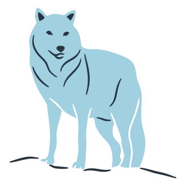 Koyu mavi çizgileri olan açık mavi bir kurdun minimalist bir tasviri. Karla kaplı bir zemin üzerinde tetikte bekliyor..