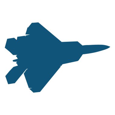 Pürüzsüz, gelişmiş bir savaş uçağının koyu mavi silueti, aerodinamik tasarımını sergileyen beyaz bir arka plana karşı tasvir edilir..