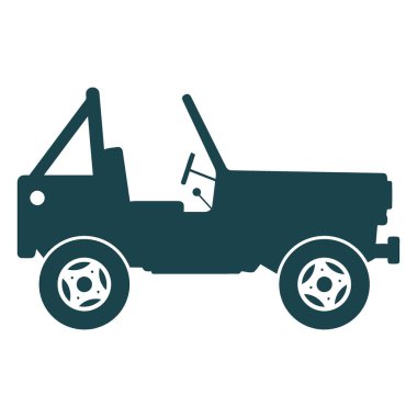 Koyu bir deniz mavisi silueti. Eski model, üstü açık bir jip. Yuvarlak çubuklu ve yedek lastikli. Tekerleklerin kendine özgü bir deseni var..