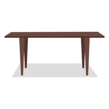 Minimalist, koyu kahverengi ahşap yemek masası, dört ince bacaklı, beyaz arka planda ince bir gölge bırakıyor..