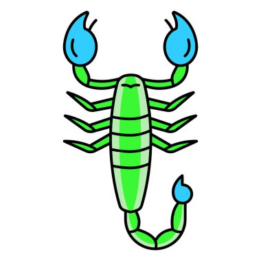 Parlak renkli, stilize edilmiş, yeşil gövdeli, mavi kıskacı ve mavi iğneli kavisli kuyruğu olan bir akrep çizimi..