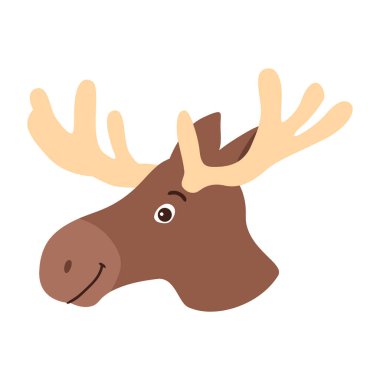 Büyük, açık renkli boynuzları ve neşeli, sade bir yüzü olan kahverengi bir geyiğin büyüleyici, düz bir çizimi..