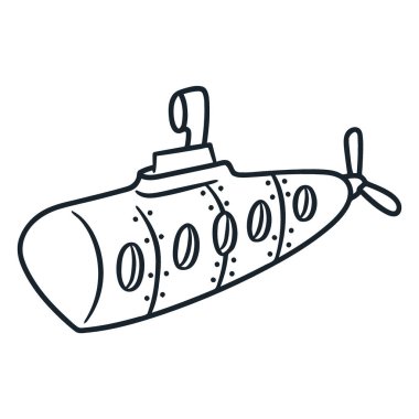 Beyaz bir arka planda tasvir edilmiş, pencereli ve pervaneli bir denizaltının el çizimi..