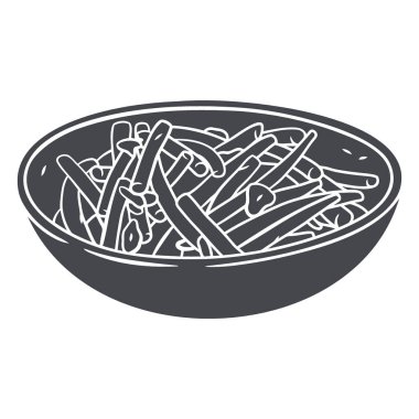 Koyu renkli, stilize bir illüstrasyon yeşil fasulyelerle taşan bir kâseyi tasvir eder..