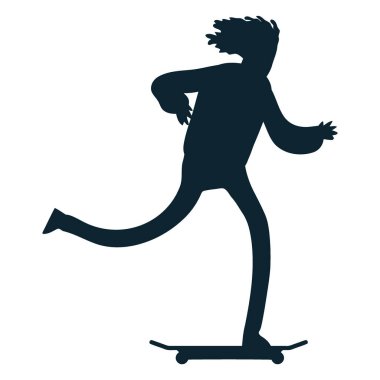 Kaykayın üzerinde hareket eden bir kişinin koyu bir silueti, saçları rüzgarla savruluyormuş gibi görünüyor..