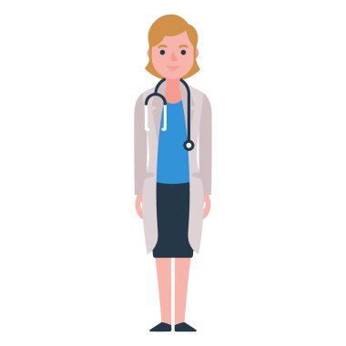 Beyaz önlüklü, mavi gömlekli, koyu etekli, boynunda steteskop olan sarışın bir kadın doktorun tam vücut çizimi..