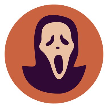 Tarz sahibi, karikatürist bir hayalet yüzü, ağzı açık ve gözleri koyu, dairesel turuncu bir zemin üzerine kurulmuş..