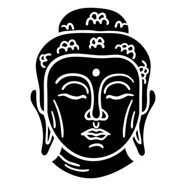 Buda 'nın dingin yüzünün basit, koyu siyah beyaz bir tasviri. Kafasında ve kulaklarında karmaşık detaylar var..