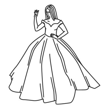 Uçan balo elbisesi giymiş bir kadının el çizimi. Elbisede omuz hizasından uzak bir yaka ve dolgun bir etek var..