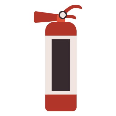 Koyu dikdörtgen etiketli, gümüş başlıklı ve saplı kırmızı bir yangın söndürücünün basit, düz bir çizimi..