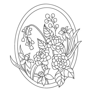 Çeşit çeşit çiçek ve yeşil yapraklarla dolu oval bir çerçevenin siyah beyaz çizimi.