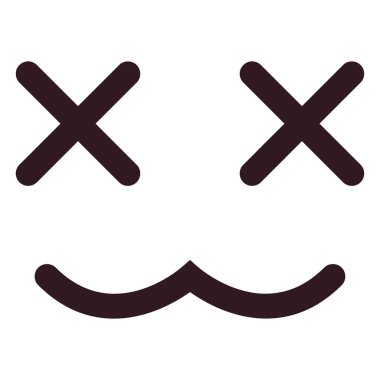 Minimalist, el çizimi bir karikatür yüz. Gözler için iki koyu X ve beyaz arka planda bir ağız için basit dalgalı bir çizgi..