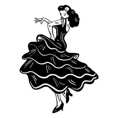 Dalgalı, dalgalı elbiseli, zarif kol hareketleriyle dans ederken yakalanan bir kadının stilize edilmiş siyah beyaz çizimi..