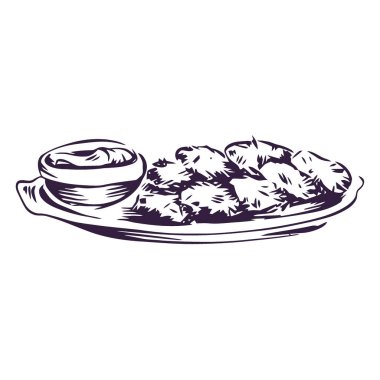 Tavuk kanatları ve küçük bir kase sosla dolu bir tabağın siyah beyaz taslağı..