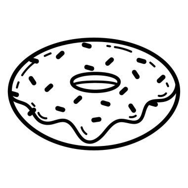 Yüzük donutunun siyah-beyaz çizimi. Arkaplanda serpiştirilmiş krema ve serpiştirilmiş..