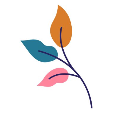 Turuncu, mavi ve pembe tonlarında üç soyut yaprağı olan bir dalın stilize bir çizimi..