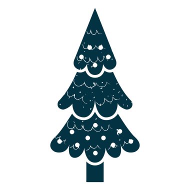 Şekil verilmiş, koyu mavi bir Noel ağacı silueti. Küçük, beyaz ışıklar ve ince desenli desenlerle süslenmiş. Beyaz bir arkaplanda izole edilmiş.