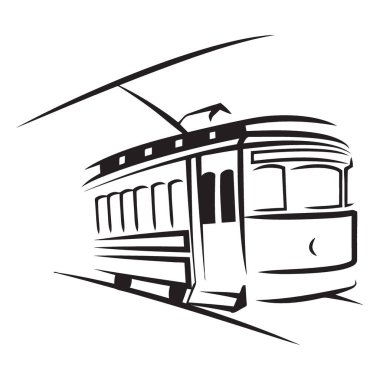 Eski bir tramvayın siyah-beyaz çizimi, raylarında tepe kablolarıyla tasvir edilmiş..