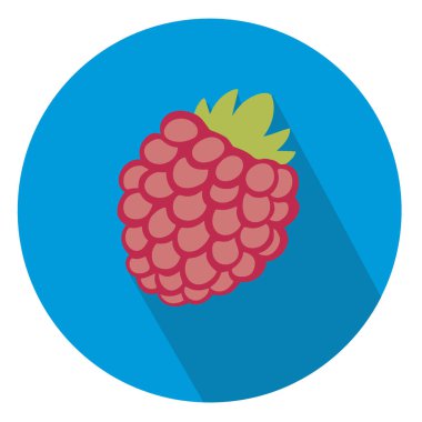 Yeşil saplı kırmızı bir ahududu, uzun ve belirgin bir gölgeye sahip canlı mavi bir arka plana karşı dizilmiş biçimlendirilmiş, düz bir çizim..