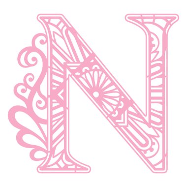 Dekoratif, pastel pembe bir N harfi. Karmaşık çiçek desenleri ve mandala benzeri desenleri var. Sol tarafında hassas girdaplar var..