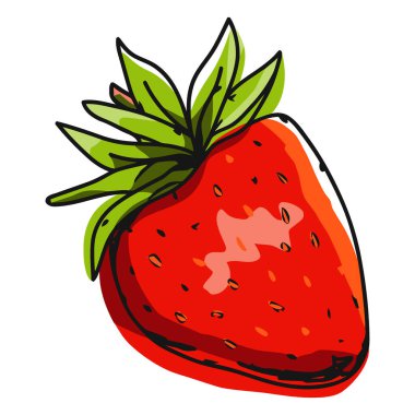 Parlak kırmızı, el çizimi çilek görünür tohumlar ve yeşil yapraklardan bir taç beyaz arka planda sunulur..