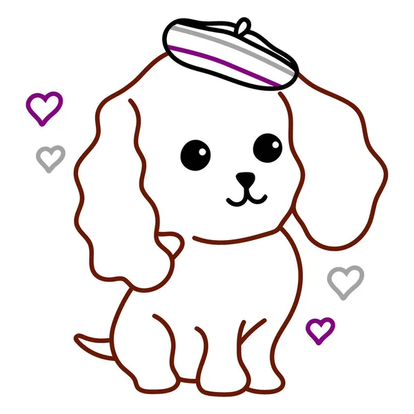 Büyük gözlü, bereli ve küçük kalplerle çevrili tüylü beyaz bir köpeğin büyüleyici, karikatürsel bir tasviri..