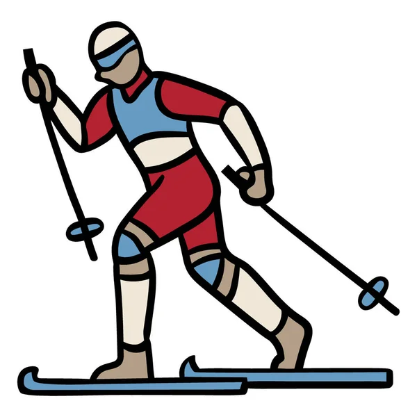 Tarzlı bir illüstrasyon, direkler ve kayaklar kullanarak, dinamik bir duruşta bir kros kayakçısını tasvir eder. Kayakçı kırmızı ve mavi bir elbise giyer..