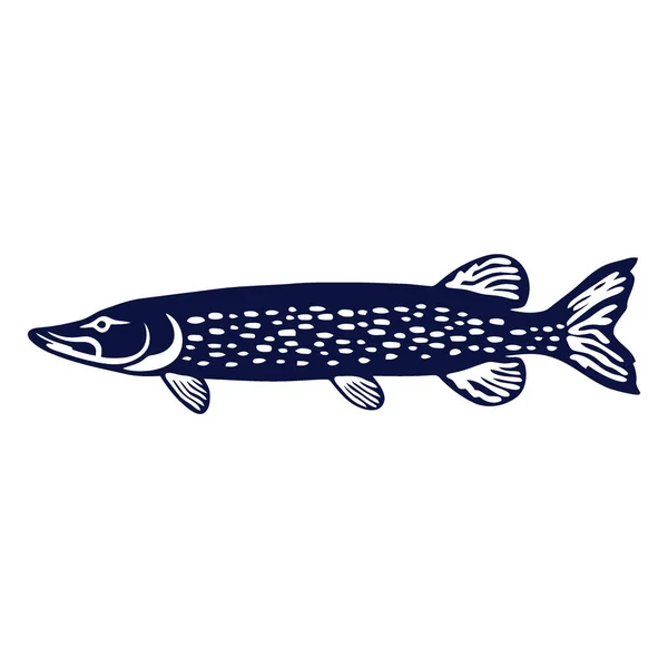 Beyaz benekli koyu mavi renkte yapılmış Kuzey Pike balığının şekillendirilmiş bir tasviri, beyaz arka planda yer alır..