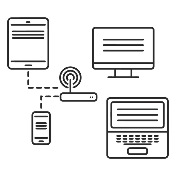 Basit bir çizgi merkezi yönlendiriciye bağlı bir tablet, akıllı telefon, dizüstü bilgisayar ve ağ bağlantısını gösteren bir resim çizer.