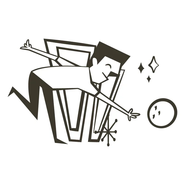 Yüzyılın ortalarında bovling oynayan bir adamın stilize edilmiş bir karikatürü, topu kararlı bir ifade ve kutlama pırıltılarıyla fırlatıyor..