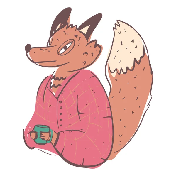 Pembe hırka giymiş, elinde küçük yeşil bir kupa tutan tilki karakterinin stilize edilmiş bir çizimi. Tilkinin ciddi bir ifadesi vardır..