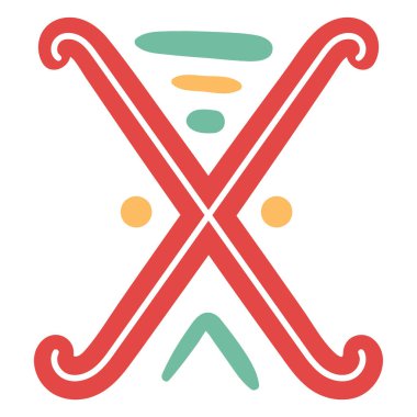 Canlı, el çizimi kırmızı bir 'X' şekli, kıvrımlı uçlarıyla, küçük, renkli soyut şekillerle süslenmiş, yeşil, turuncu ve sarı.