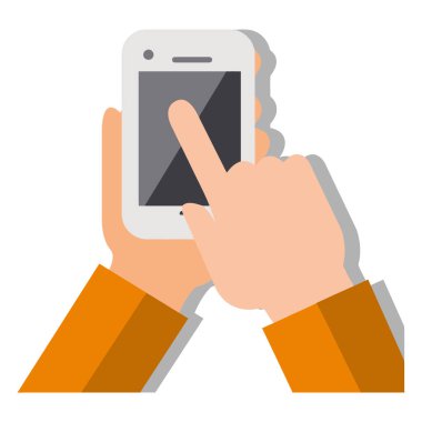 Beyaz bir akıllı telefonu tutan iki elin düz bir çizimi. Bir parmak ekrana dokunuyor, etkileşimi veya kullanımı gösterir.