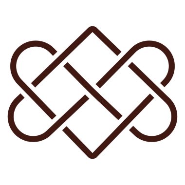 Simetrik, koyu kahverengi bir düğüm tasarımı. Beyaz arka planda birbirine geçmiş çizgiler, kare ve kalbe benzer şekiller oluşturuyor..