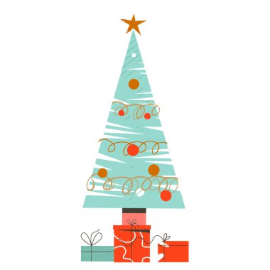 Süsler ve ışıklarla süslenmiş, paketlenmiş hediyelerle çevrili açık mavi bir Noel ağacının tuhaf, düz bir tasarımı..