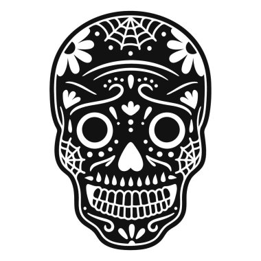 Çiçek desenleri, örümcek ağları ve süslü yüz ayrıntıları içeren bir şeker kafatasının ayrıntılı siyah beyaz çizimi..