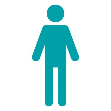 Minimalist bir deniz mavisi simgesi ayakta duran bir insan figürünü temsil ediyor. Kolları ve bacakları yan yana..