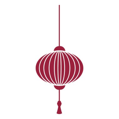 Süslü, beyaz çizgili bir Çin feneri ince bir iple sarkıtılmış, dekoratif püsküllü bir Çin feneri..