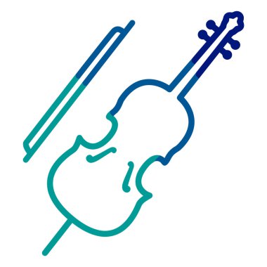 Bir çellonun minimalist çizgisi ve yayı, pürüzsüz maviden yeşile doğru eğimli..