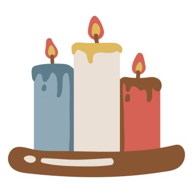 Değişen yükseklik ve renklerden oluşan üç mum renkli bir illüstrasyon. Yanlarından erimiş balmumu damlıyor, kahverengi bir tutacakta duruyor..