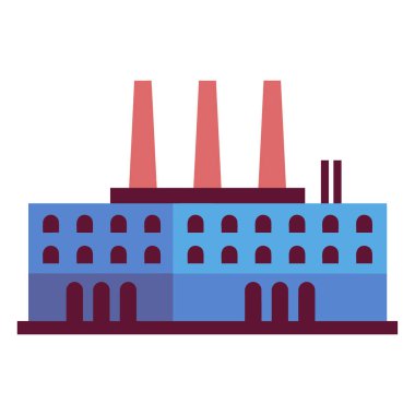 Mavi endüstriyel bir fabrikanın düz bir tasarımı. Birden fazla kırmızı baca beyaz arka plana duman yayıyor..