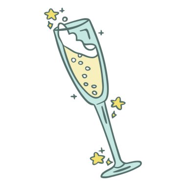 Şampanya dolu, parıldayan yıldızlarla süslenmiş, el yapımı bir şampanya kadehinin çizimi..