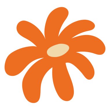 Yedi yuvarlak taç yapraklı turuncu bir çiçeğin ve beyaz arka planda krem rengi oval bir merkezin stilize edilmiş, düz bir çizimi..