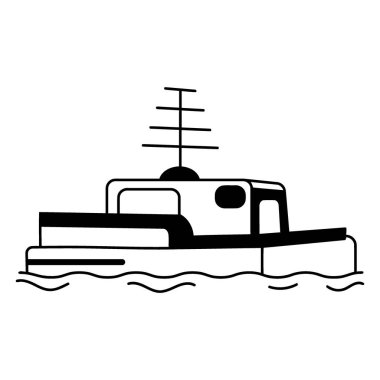Minimalist, siyah beyaz bir römorkör tasviri, antenli, hafif dalgalarda yüzen bir römorkör. Çizim basit, grafik biçiminde..