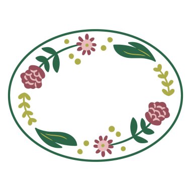 Oval bir çerçeve, pembe ve kırmızı çiçekler, yeşil yapraklar ve küçük sarı noktalar içeren, el yapımı, tuhaf bir çiçek tasarımı ile süslenmiş..