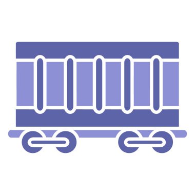 Görünür tekerlekleri ve yan panelleri olan mor ve mavi bir yük vagonunun basit, düz bir tasarımı..