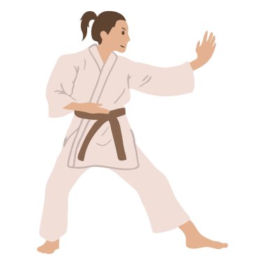 Kahverengi kemerli beyaz karate kıyafeti giyen bir kadın savunma sanatı pozu veriyor, kolları açık ve vücudu dengeli..
